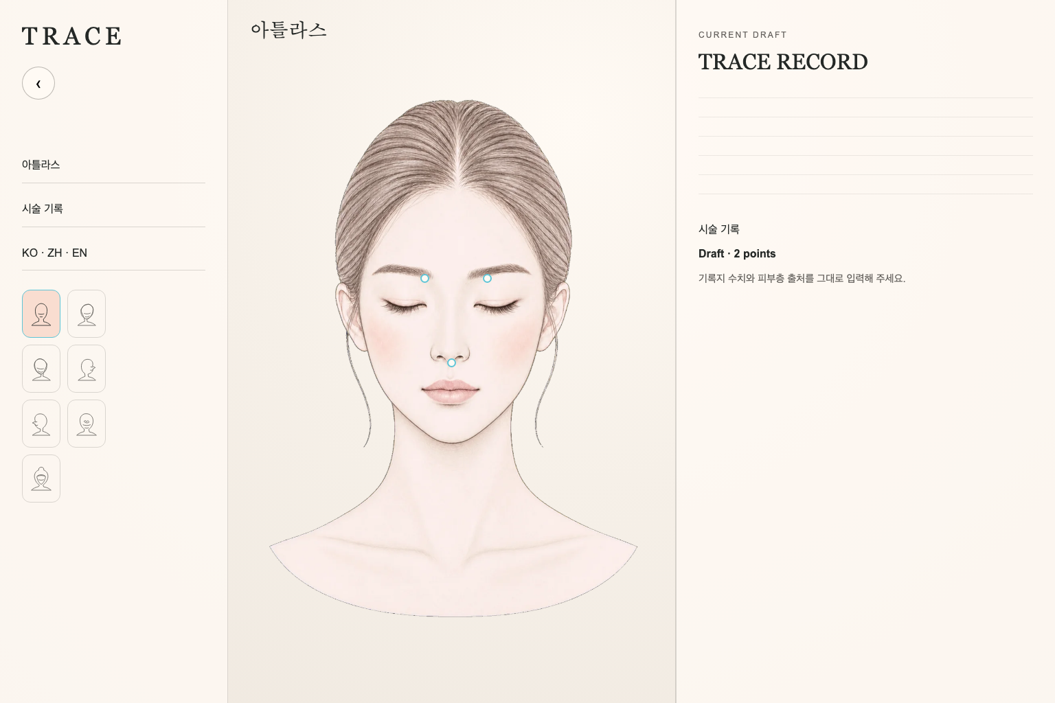 TRACE development interface for selecting a procedure location on a facial atlas and drafting a record
